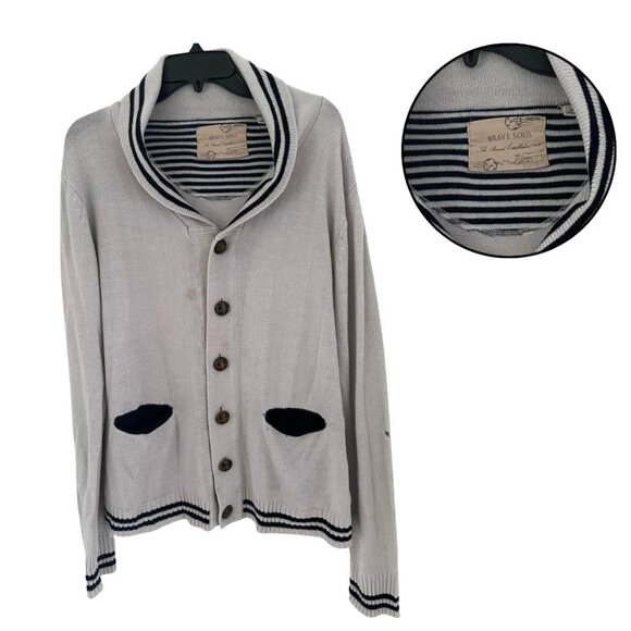Brave Soul Women's L Shawl Collar Cardigan Sweater Gray Black Striped Button-Up - Picture 1 of 4